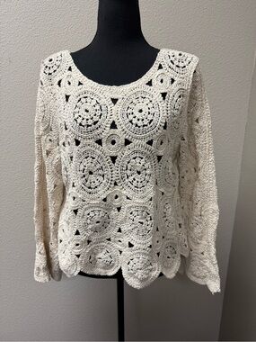 Ultra Pink Crochet Lace Sweater Boho Cotton Ivory Open Knit Top Medium